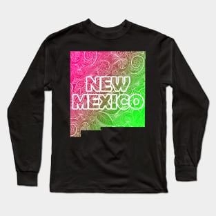 Colorful mandala art map of New Mexico with text in pink and green Long Sleeve T-Shirt